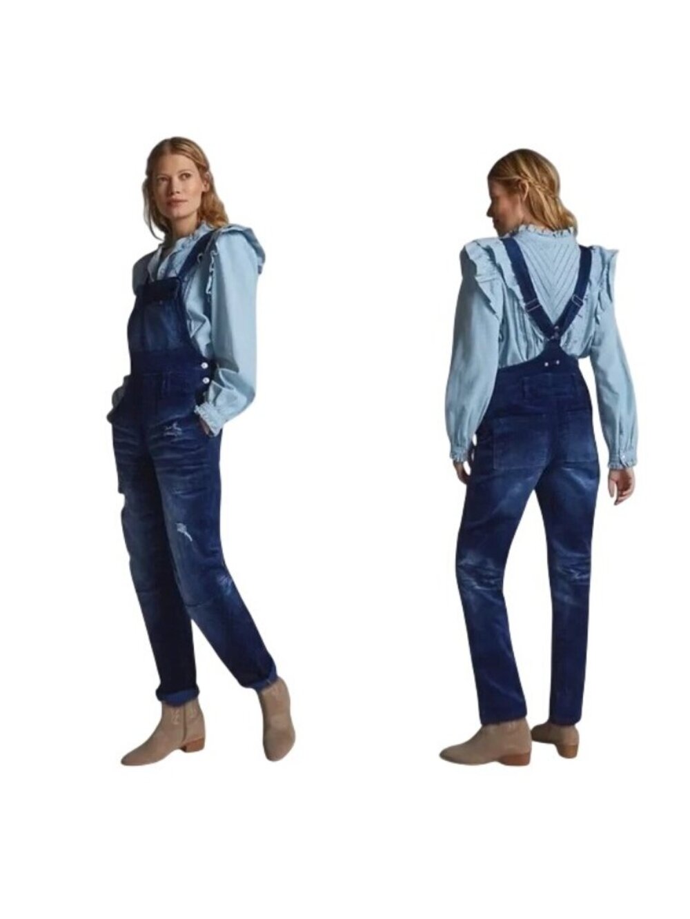 Anthropologie Pilcro The Wanderer Velvet Overalls Sz 25 Blue Distressed 90s